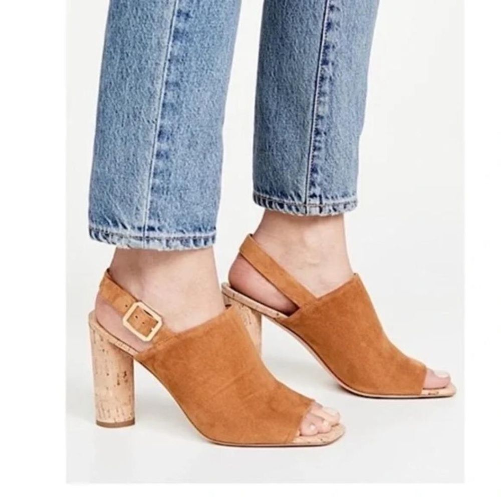 Veronica Beard Tan Suede Cork Block Heel Sandals